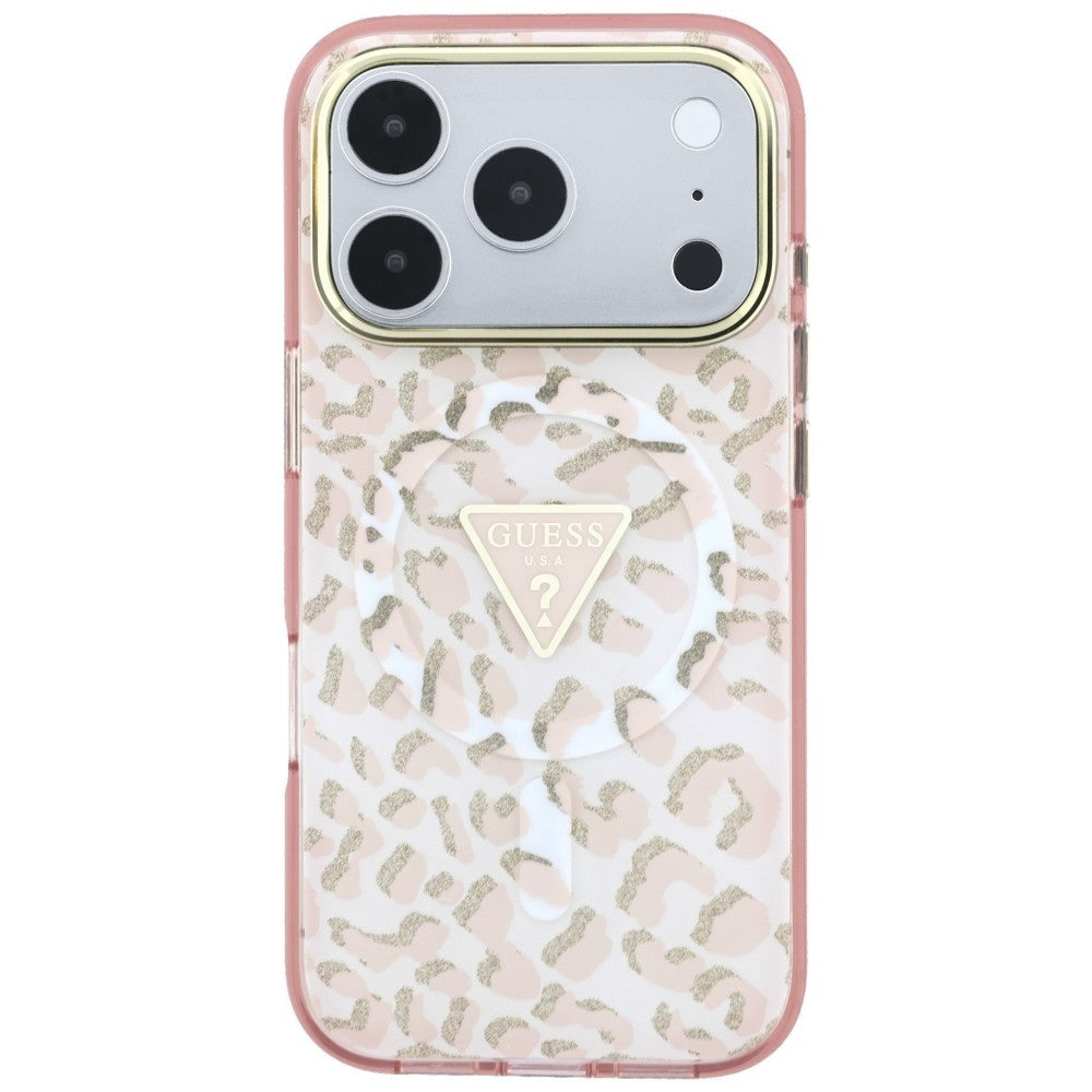 Etui MagSafe do Apple iPhone 18 Pro / 17 Pro, Guess, Leopard Glitter Triangle Logo, Różowe