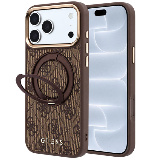 Etui MagSafe do Apple iPhone 18 Pro / 17 Pro, Guess, Ring Stand 360 4G Classic Logo, Brązowy