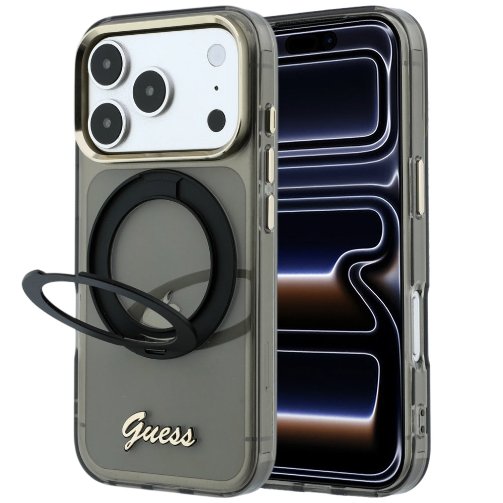 Etui MagSafe do Apple iPhone 18 Pro / 17 Pro, Guess, Ring Stand Script Metal Logo, Czarny