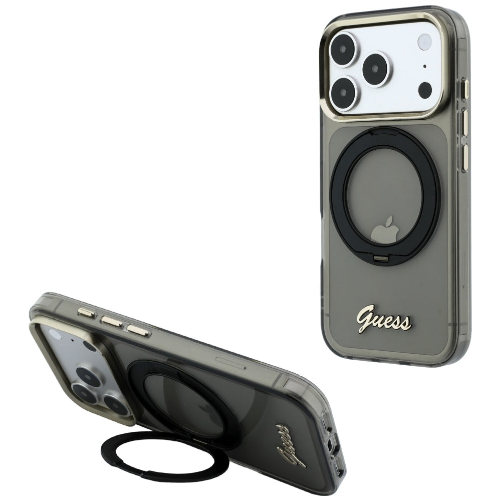 Etui MagSafe do Apple iPhone 18 Pro / 17 Pro, Guess, Ring Stand Script Metal Logo, Czarny