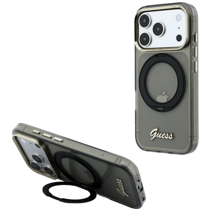 Etui MagSafe do Apple iPhone 18 Pro / 17 Pro, Guess, Ring Stand Script Metal Logo, Czarny