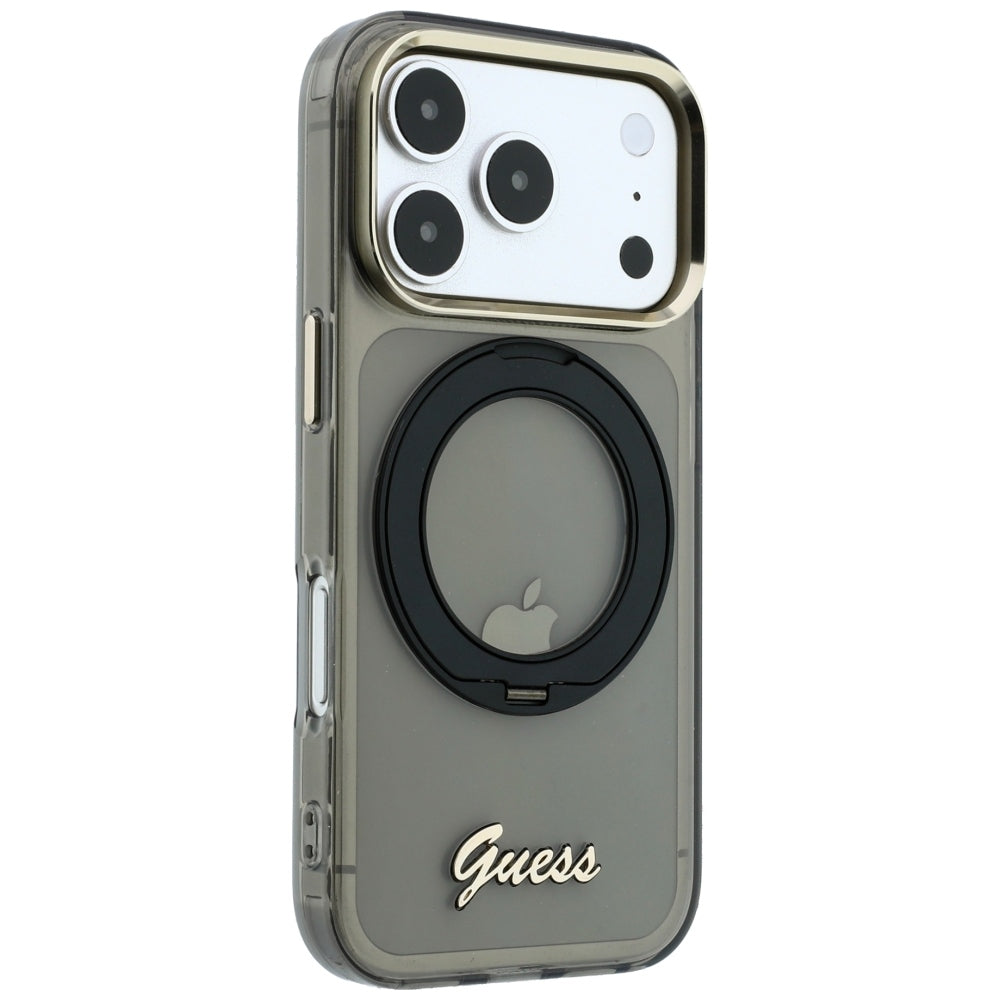 Etui MagSafe do Apple iPhone 18 Pro / 17 Pro, Guess, Ring Stand Script Metal Logo, Czarny