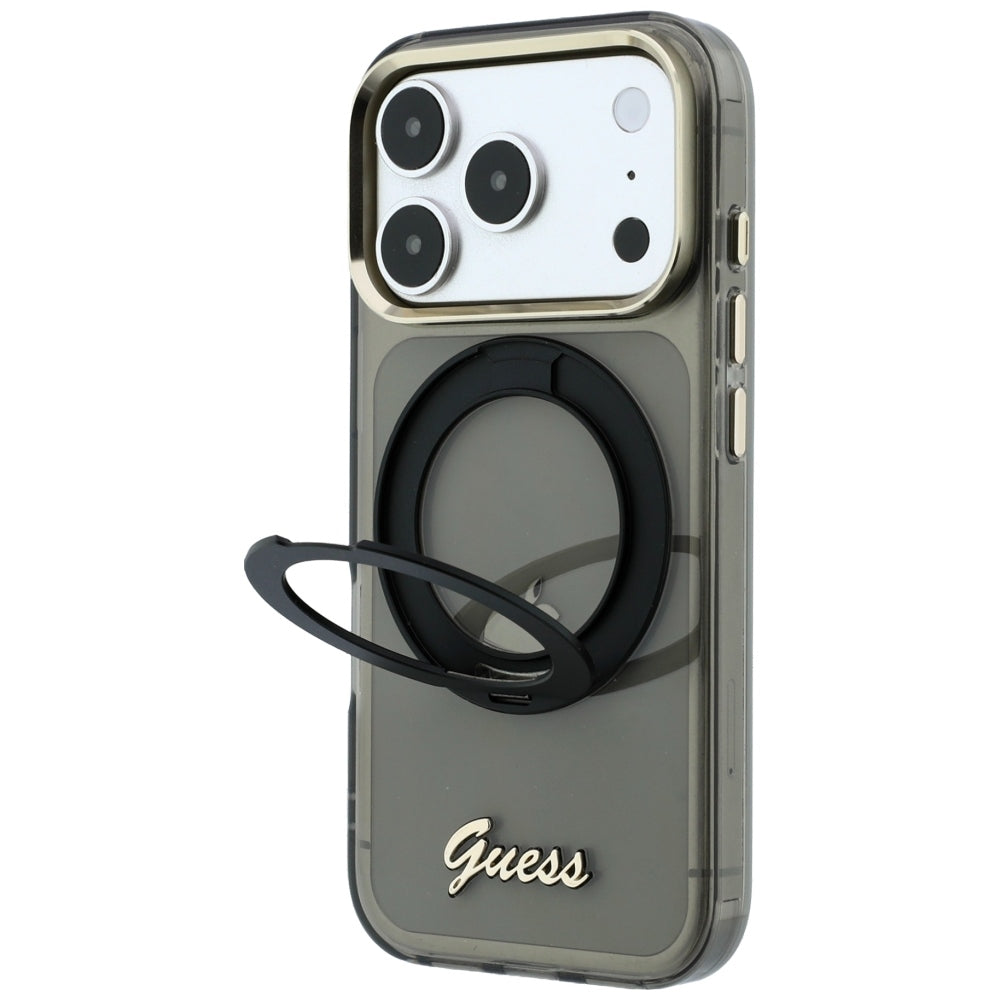 Etui MagSafe do Apple iPhone 18 Pro / 17 Pro, Guess, Ring Stand Script Metal Logo, Czarny