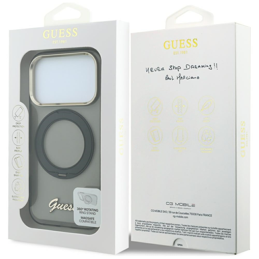 Etui MagSafe do Apple iPhone 18 Pro / 17 Pro, Guess, Ring Stand Script Metal Logo, Czarny