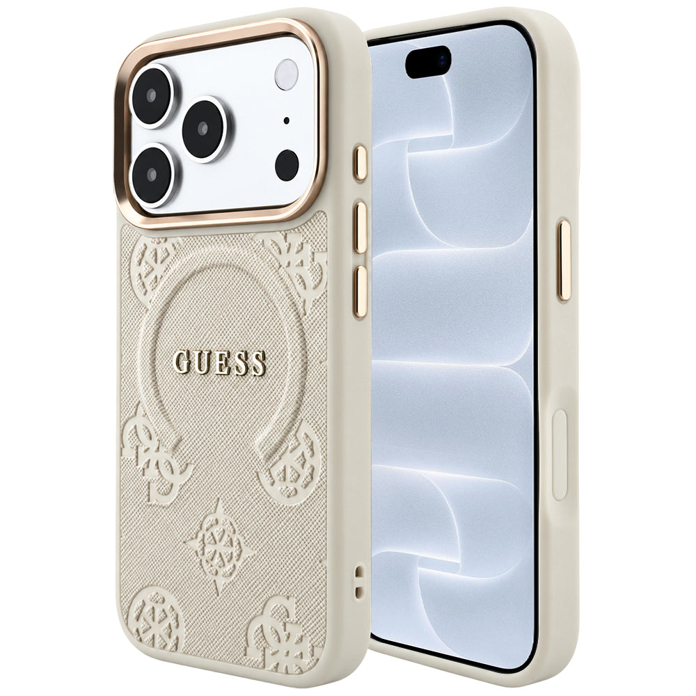Etui MagSafe do Apple iPhone 18 Pro / 17 Pro, Guess, Saffiano Peony Ring, beżowy