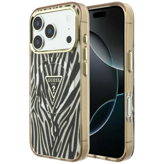 Etui MagSafe do Apple iPhone 18 Pro / 17 Pro, Guess, Zebra Glitter Triangle Logo, Złote