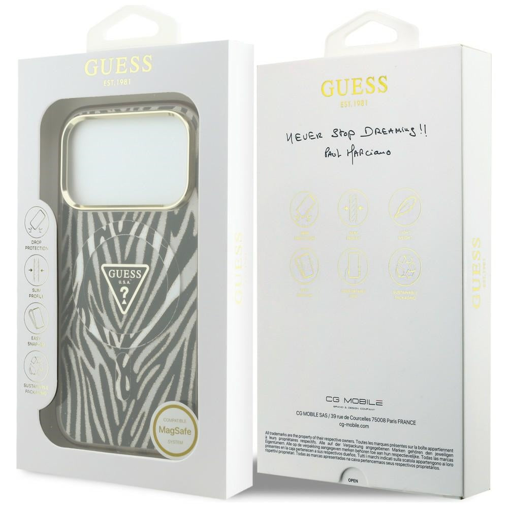 MagSafe Case for Apple iPhone 18 Pro / 17 Pro, Guess, Zebra Glitter Triangle Logo, Gold