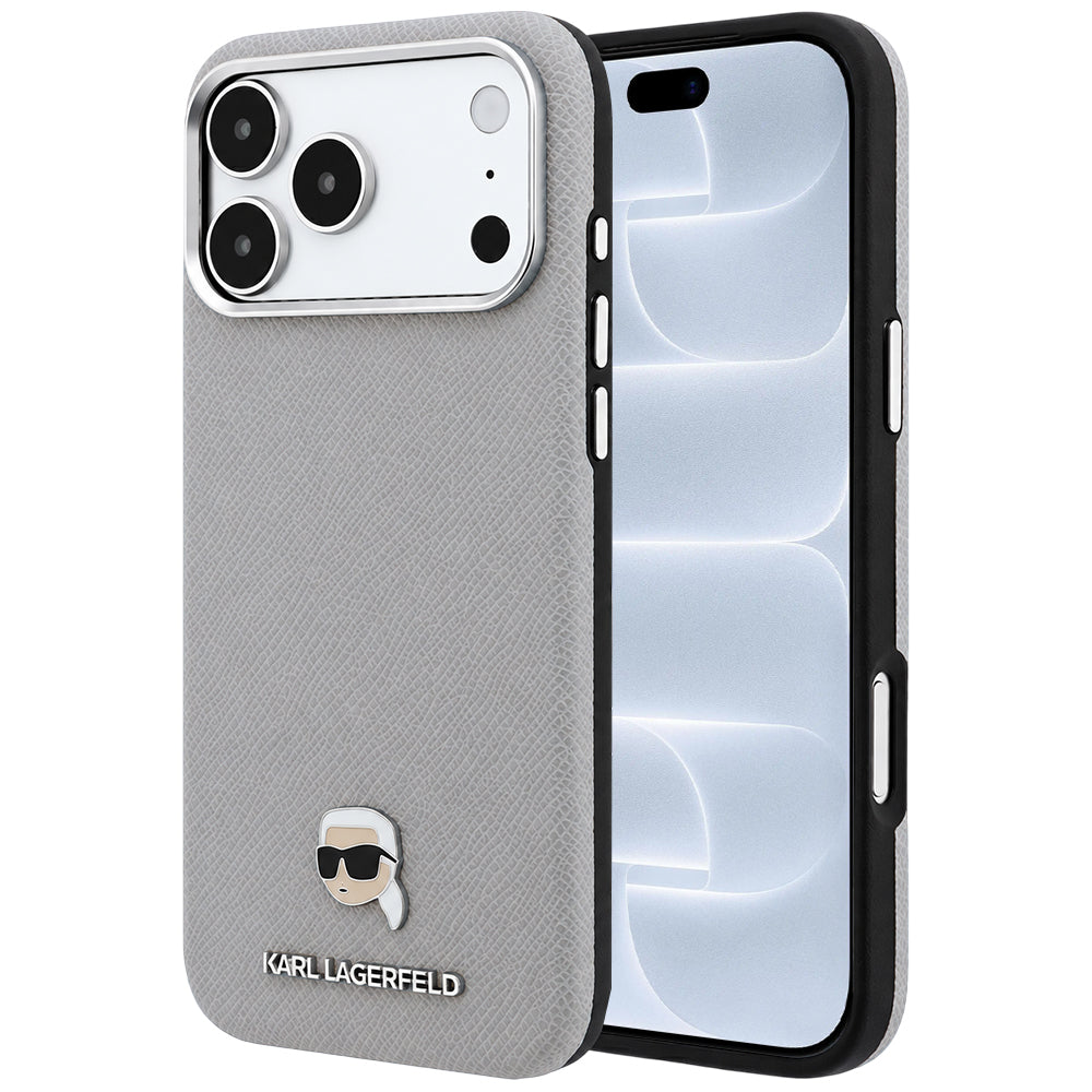 Etui MagSafe do Apple iPhone 18 Pro / 17 Pro, Karl Lagerfeld, Metalowa głowa Karla z fakturą, Szary