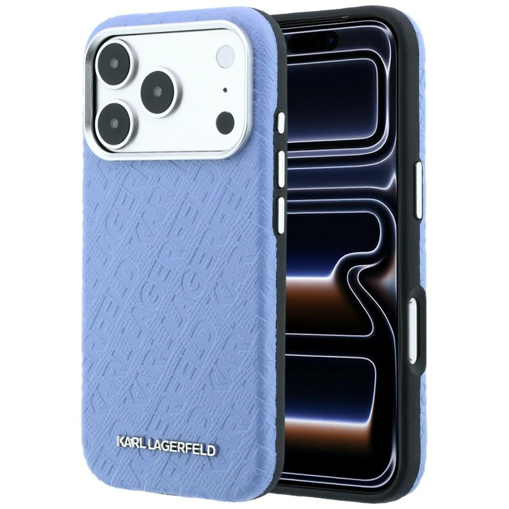 Etui MagSafe do Apple iPhone 18 Pro / 17 Pro, Karl Lagerfeld, Logo z metaliczną fakturą, Niebieskie