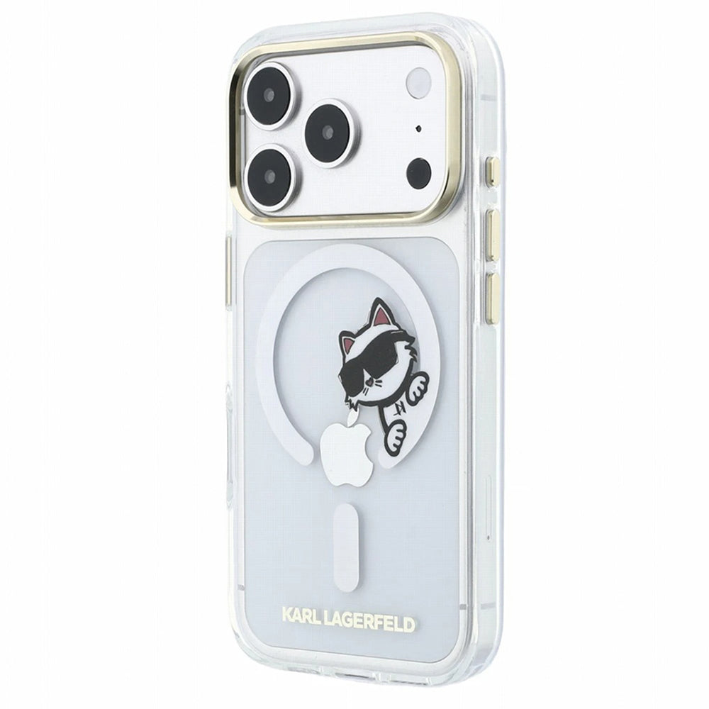 Etui MagSafe do Apple iPhone 18 Pro / 17 Pro, Karl Lagerfeld, IML Peekaboo Print i metalowa ramka, przezroczyste