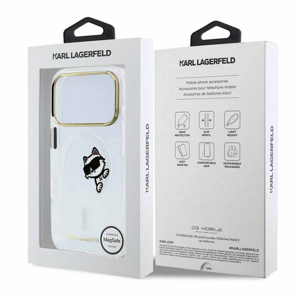 Etui MagSafe do Apple iPhone 18 Pro / 17 Pro, Karl Lagerfeld, IML Peekaboo Print i metalowa ramka, przezroczyste
