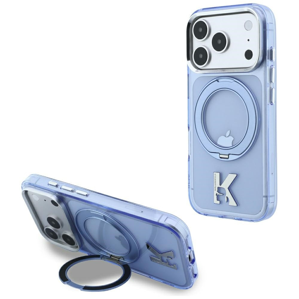 MagSafe Case for Apple iPhone 18 Pro / 17 Pro, Karl Lagerfeld, IML Ring Stand Kameo Metal, Blue