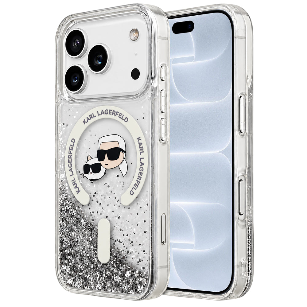 Etui MagSafe do Apple iPhone 18 Pro / 17 Pro, Karl Lagerfeld, Liquid Glitter Karl & Choupette Head's, Przezroczyste