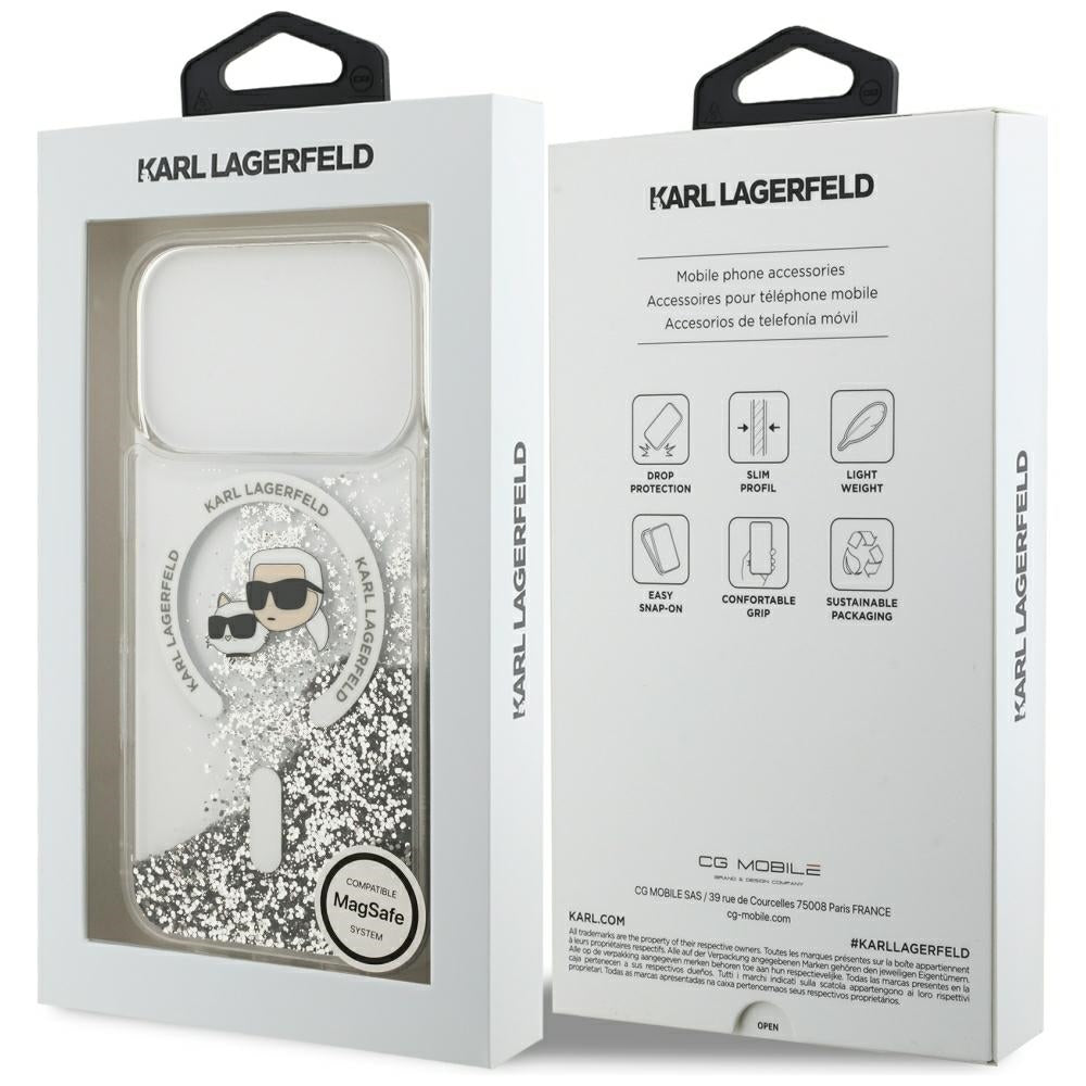 Etui MagSafe do Apple iPhone 18 Pro / 17 Pro, Karl Lagerfeld, Liquid Glitter Karl & Choupette Head's, Przezroczyste