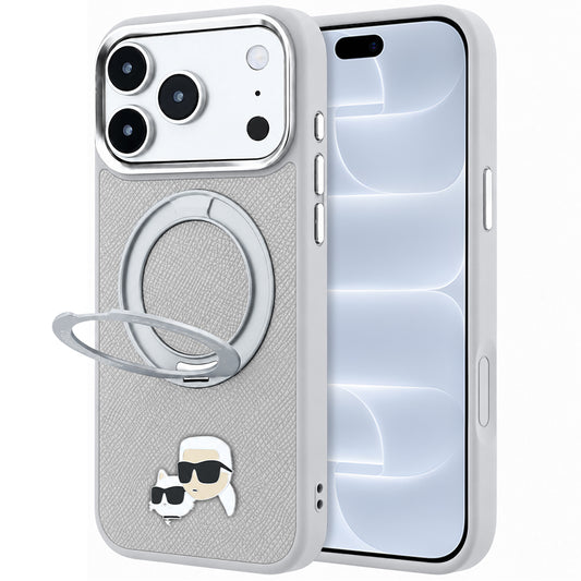 Etui MagSafe do Apple iPhone 18 Pro / 17 Pro, Karl Lagerfeld, Ring Stand 360 Karl & Choupette Pin, szary