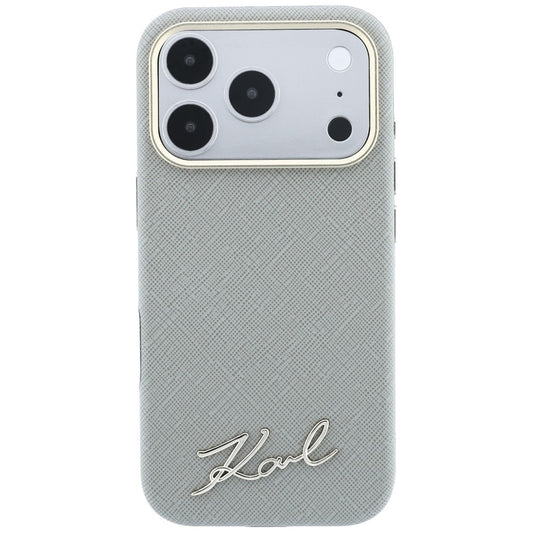 Etui MagSafe do Apple iPhone 18 Pro / 17 Pro, Karl Lagerfeld, Saffiano Small Script Metal Logo, Szaro-Beżowy
