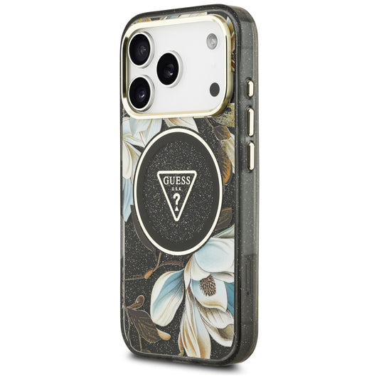 Etui MagSafe do Apple iPhone 18 Pro, Guess, IML Metal Glitter Flowers Triangle, czarne