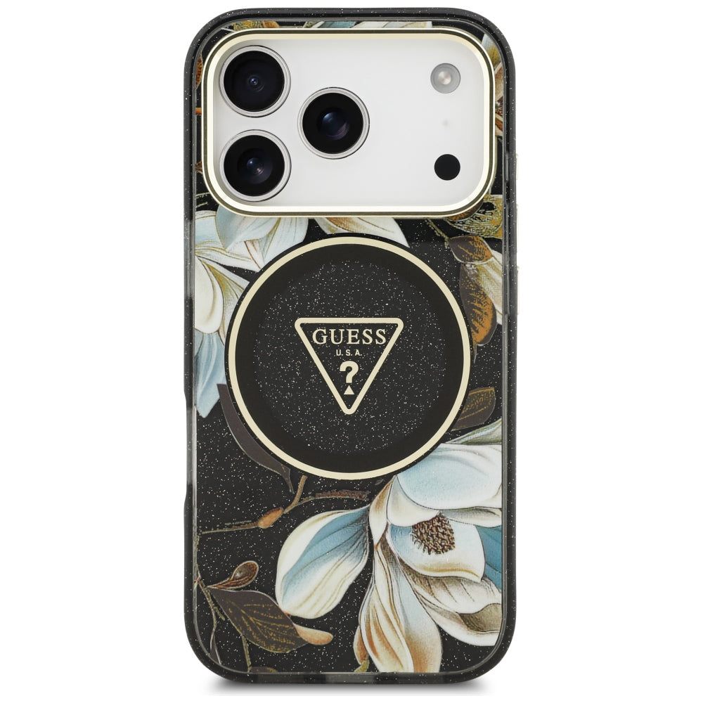 Etui MagSafe do Apple iPhone 18 Pro, Guess, IML Metal Glitter Flowers Triangle, czarne