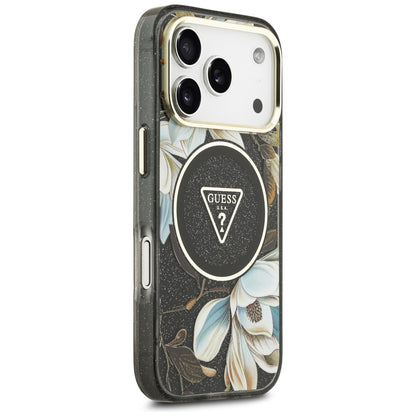 Etui MagSafe do Apple iPhone 18 Pro, Guess, IML Metal Glitter Flowers Triangle, czarne