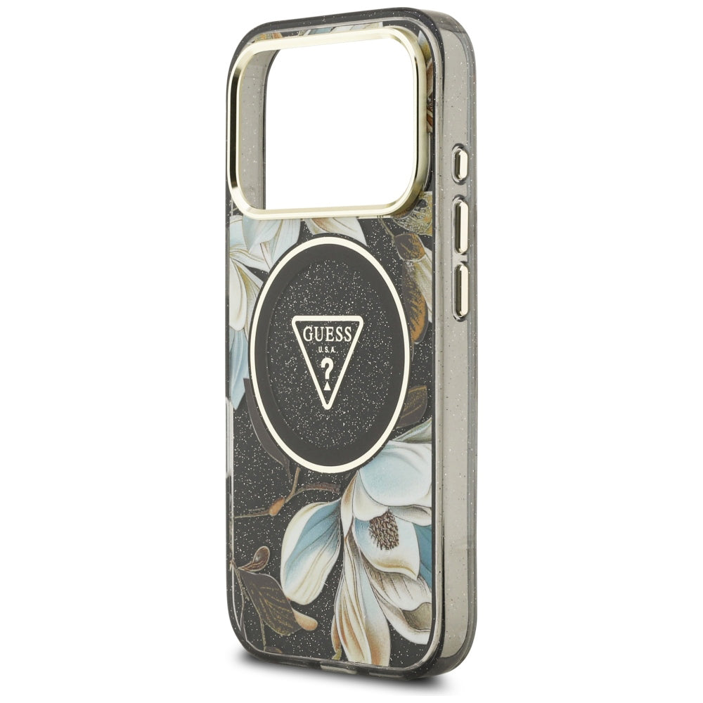 Etui MagSafe do Apple iPhone 18 Pro, Guess, IML Metal Glitter Flowers Triangle, czarne