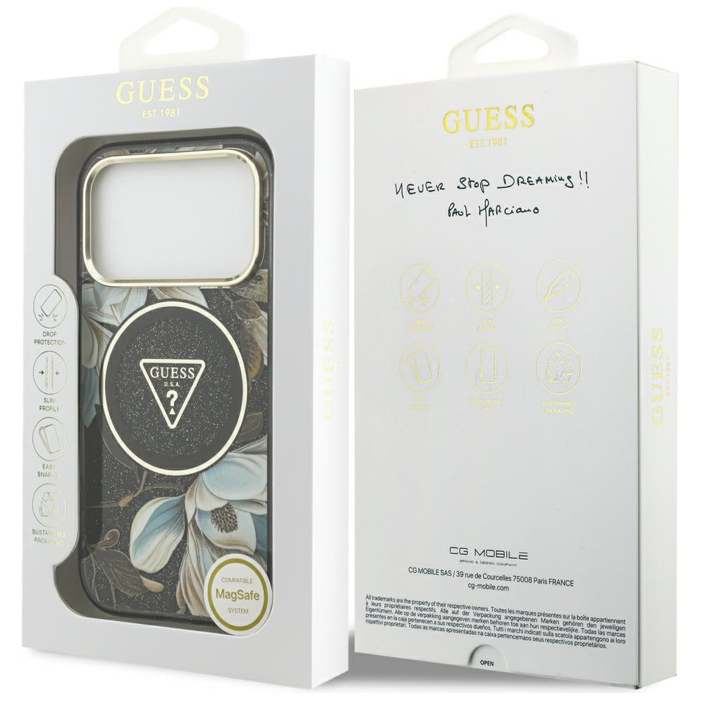 Etui MagSafe do Apple iPhone 18 Pro, Guess, IML Metal Glitter Flowers Triangle, czarne