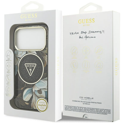 Etui MagSafe do Apple iPhone 18 Pro, Guess, IML Metal Glitter Flowers Triangle, czarne