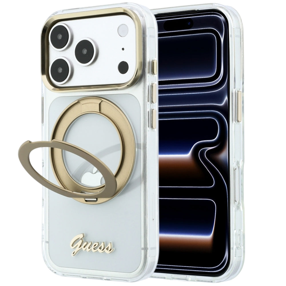 Etui MagSafe do Apple iPhone 18 Pro, Guess, Ring Stand Script Metal Logo, Przezroczyste