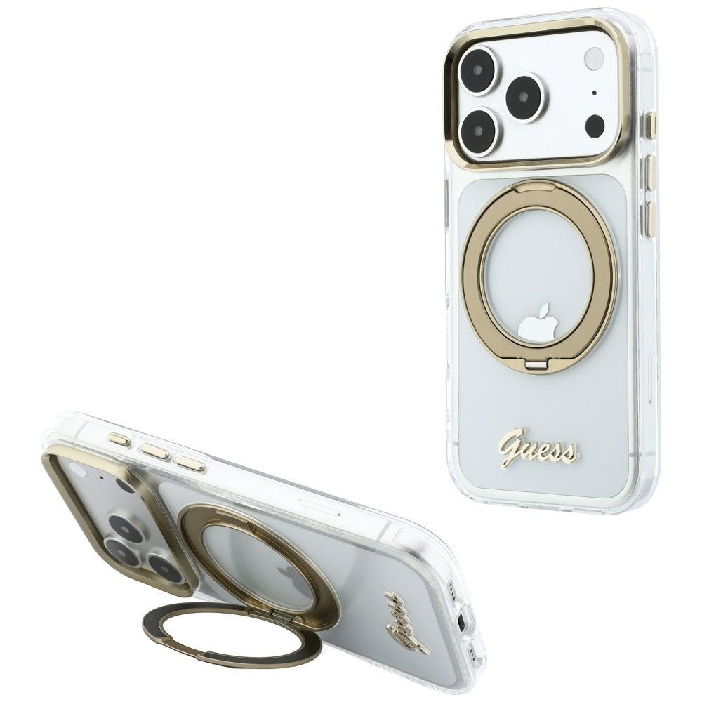Etui MagSafe do Apple iPhone 18 Pro, Guess, Ring Stand Script Metal Logo, Przezroczyste