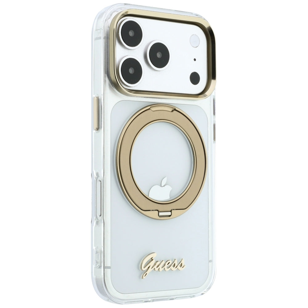 Etui MagSafe do Apple iPhone 18 Pro, Guess, Ring Stand Script Metal Logo, Przezroczyste
