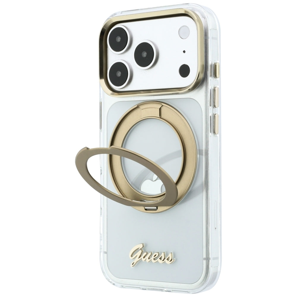 Etui MagSafe do Apple iPhone 18 Pro, Guess, Ring Stand Script Metal Logo, Przezroczyste