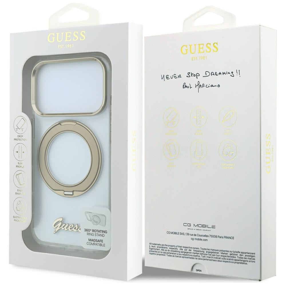 Etui MagSafe do Apple iPhone 18 Pro, Guess, Ring Stand Script Metal Logo, Przezroczyste