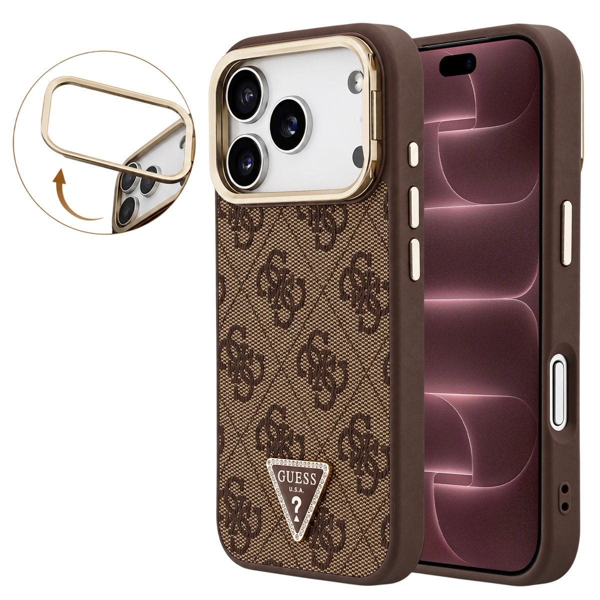 Etui MagSafe do Apple iPhone 18 Pro Max / 17 Pro Max, Guess, 4G Triangle Logo & Stand Camera, brązowy