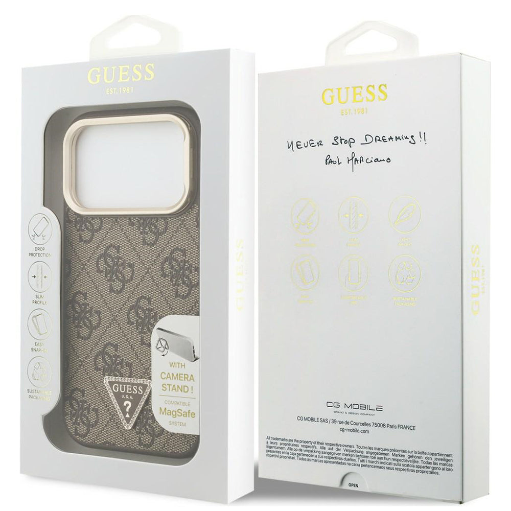 Etui MagSafe do Apple iPhone 18 Pro Max / 17 Pro Max, Guess, 4G Triangle Logo & Stand Camera, brązowy