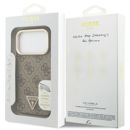 Etui MagSafe do Apple iPhone 18 Pro Max / 17 Pro Max, Guess, 4G Triangle Logo & Stand Camera, brązowy