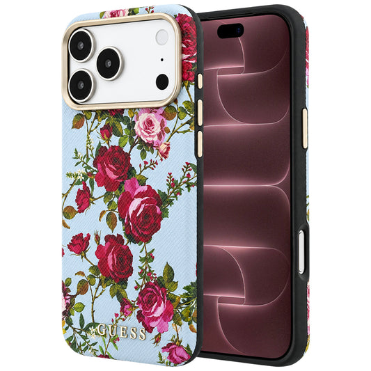 Etui MagSafe do Apple iPhone 18 Pro Max / 17 Pro Max, Guess, Blossom Roses Print, niebieski