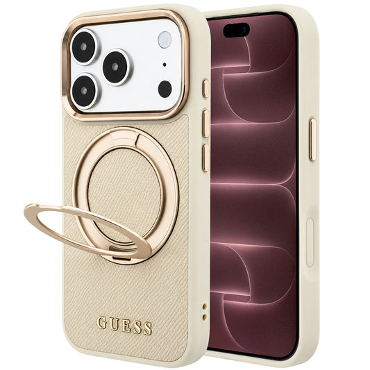 Etui MagSafe do Apple iPhone 18 Pro Max / 17 Pro Max, Guess, Grained Ring Stand 360 Classic, Beż