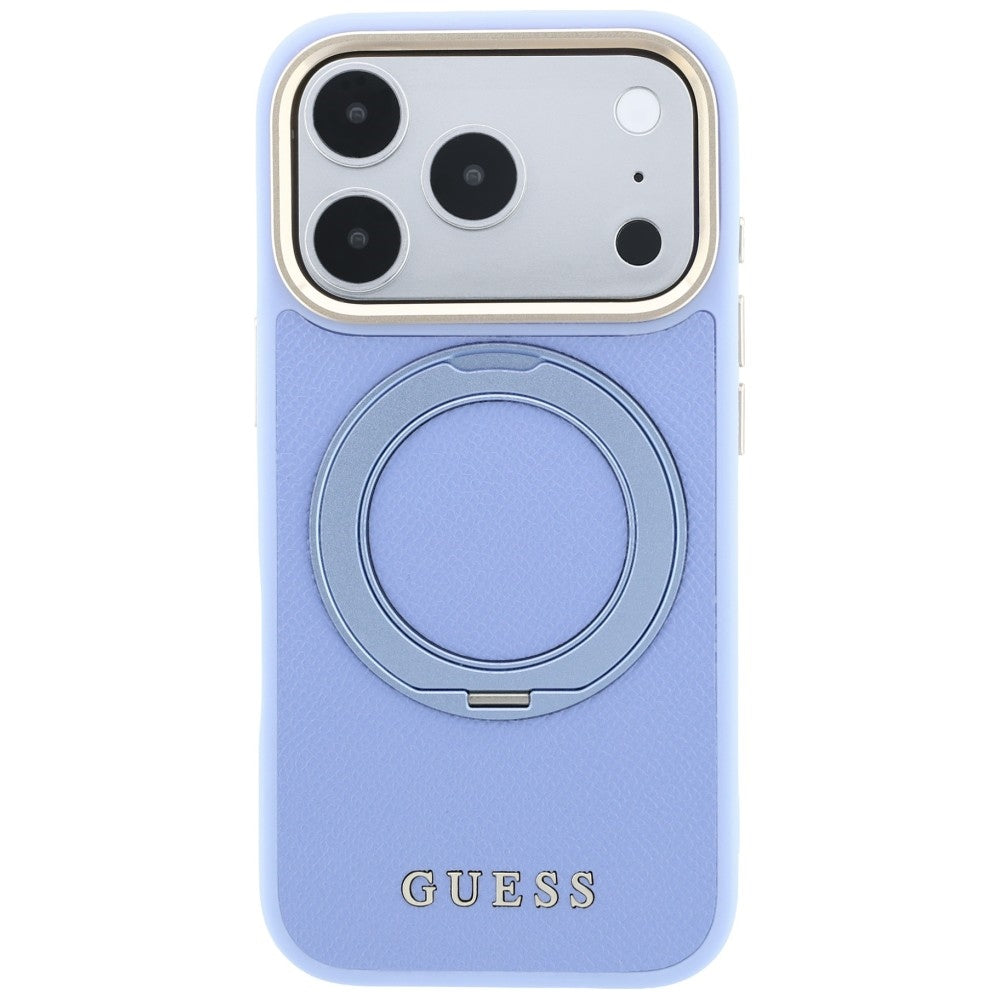 Etui MagSafe do Apple iPhone 18 Pro Max / 17 Pro Max, Guess, Grained Ring Stand 360 Classic, błękitny