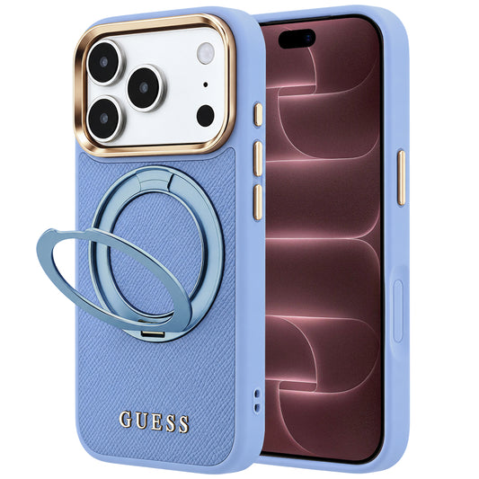 Etui MagSafe do Apple iPhone 18 Pro Max / 17 Pro Max, Guess, Grained Ring Stand 360 Classic, błękitny