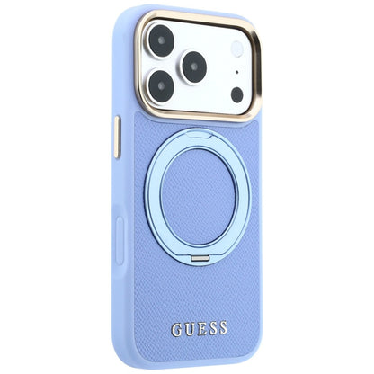 Etui MagSafe do Apple iPhone 18 Pro Max / 17 Pro Max, Guess, Grained Ring Stand 360 Classic, błękitny