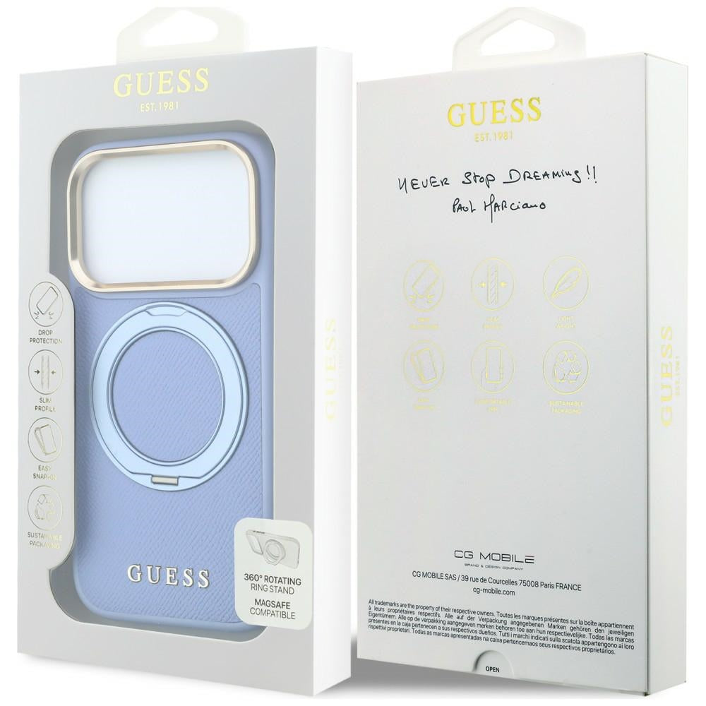 Etui MagSafe do Apple iPhone 18 Pro Max / 17 Pro Max, Guess, Grained Ring Stand 360 Classic, błękitny