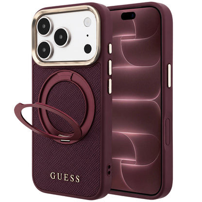 Etui MagSafe do Apple iPhone 18 Pro Max / 17 Pro Max, Guess, Grained Ring Stand 360 Classic, Wiśniowy