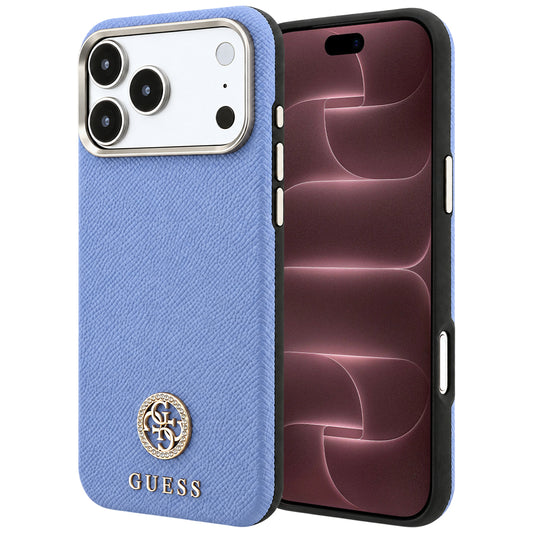 Etui MagSafe do Apple iPhone 18 Pro Max / 17 Pro Max, Guess, z ziarnistym okrągłym logo z kryształkami, niebieskie