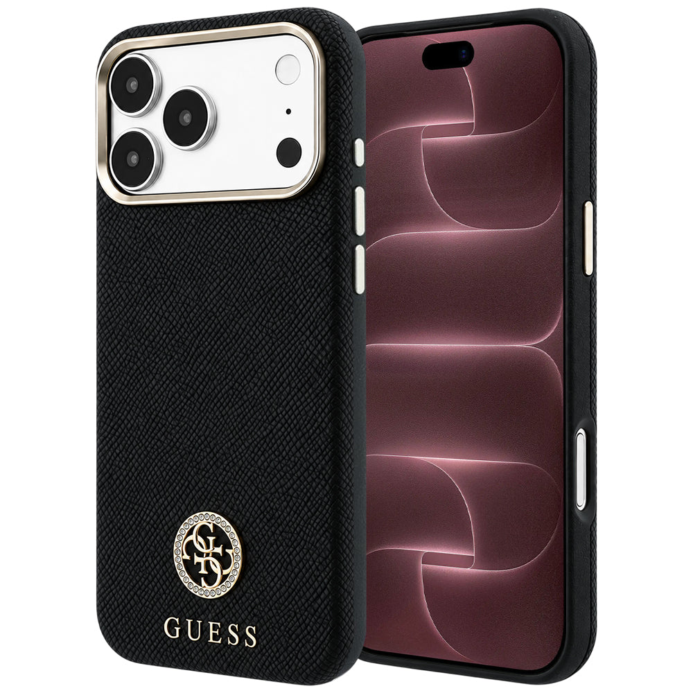 Etui MagSafe do Apple iPhone 18 Pro Max / 17 Pro Max, Guess, z ziarnistym okrągłym logo z kryształkami, czarne