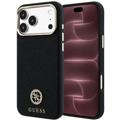 Etui MagSafe do Apple iPhone 18 Pro Max / 17 Pro Max, Guess, z ziarnistym okrągłym logo z kryształkami, czarne