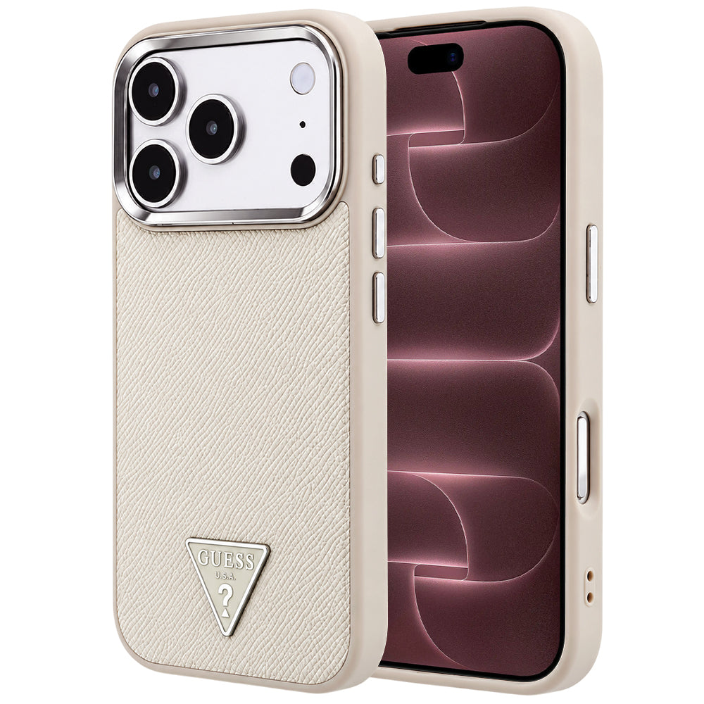Etui MagSafe do Apple iPhone 18 Pro Max / 17 Pro Max, Guess, Logo Trójkątne z Teksturą, Beżowe