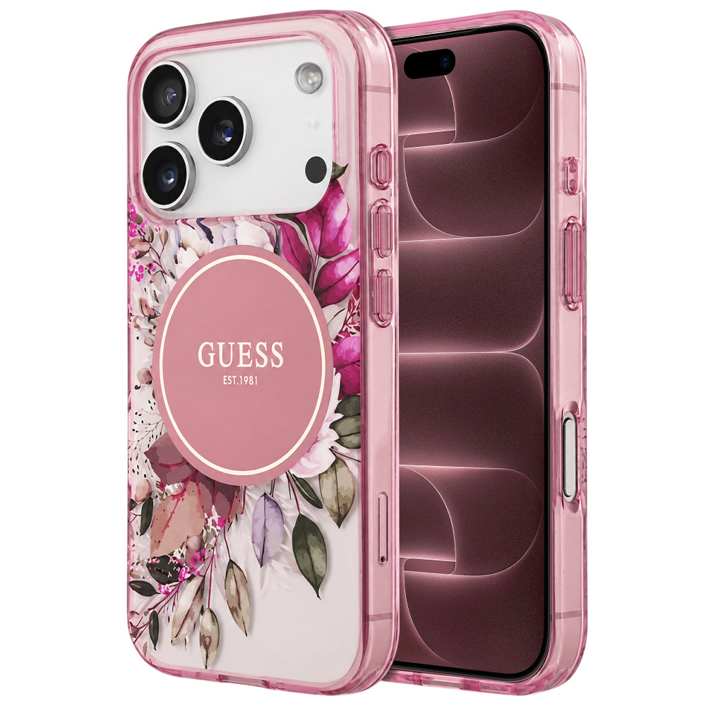 Etui MagSafe do Apple iPhone 18 Pro Max / 17 Pro Max, Guess, IML Flower & Tonal Circle, różowy