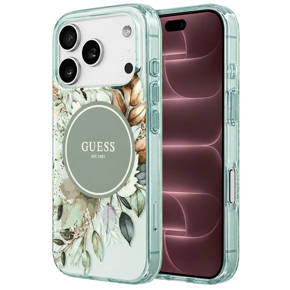 Etui MagSafe do Apple iPhone 18 Pro Max / 17 Pro Max, Guess, IML Flower & Tonal Circle, zielone