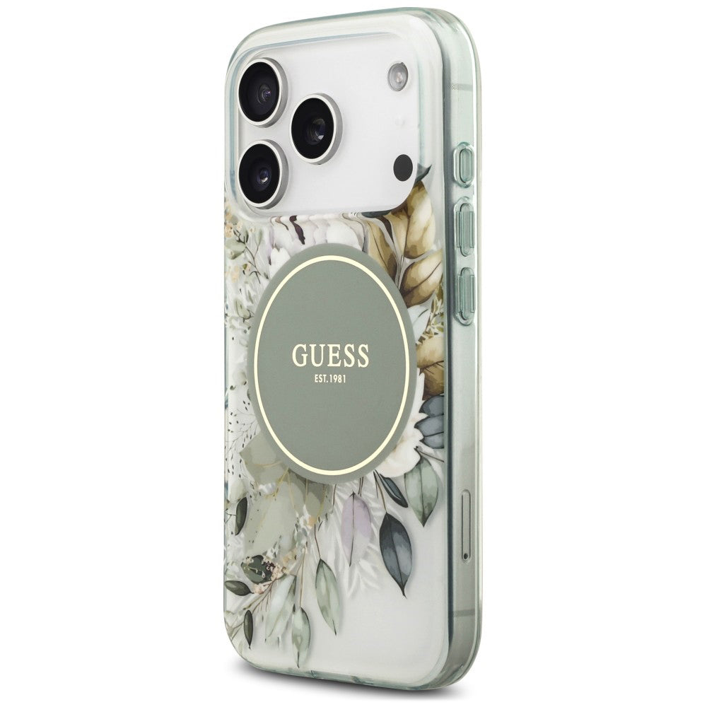 Etui MagSafe do Apple iPhone 18 Pro Max / 17 Pro Max, Guess, IML Flower & Tonal Circle, zielone