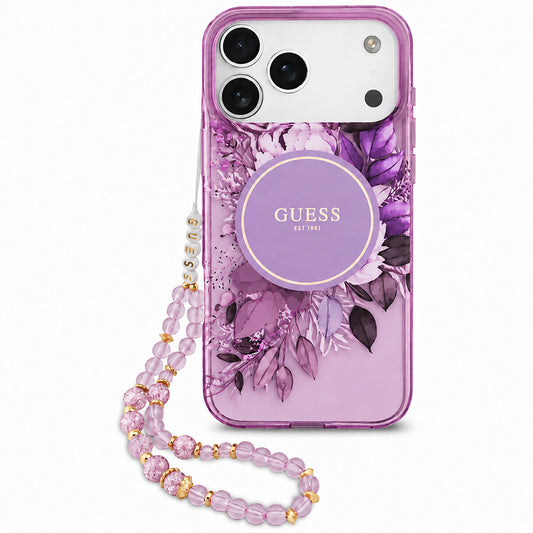 Etui MagSafe do Apple iPhone 18 Pro Max / 17 Pro Max, Guess, IML Flowers with Pearl Strap, fioletowe