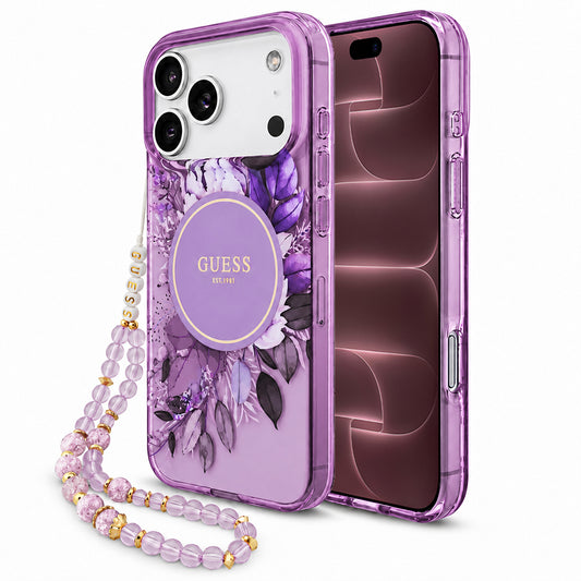 Etui MagSafe do Apple iPhone 18 Pro Max / 17 Pro Max, Guess, IML Flowers with Pearl Strap, fioletowe